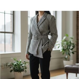 DESIGNER TAHARI ASL BLACK/WHITE HOUNDSTOOTH BELTED LONG SLEEVE BLAZER SIZE 14.R